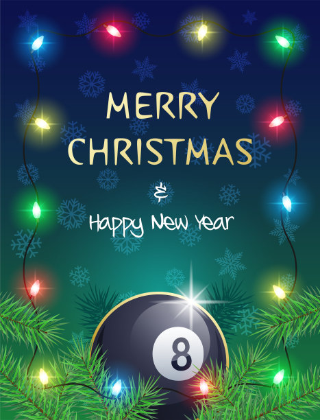 圣诞体育贺卡与台球和圣诞灯。图片下载