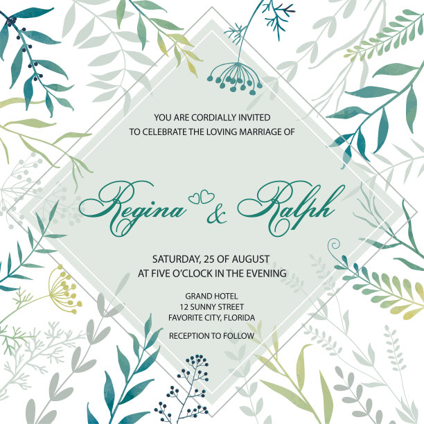 婚礼的邀请。精致的背景花，叶，树枝，香草。图片下载