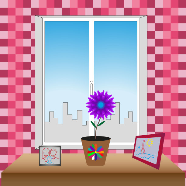 城市景观塑料窗，盆花，相框。向量图片下载