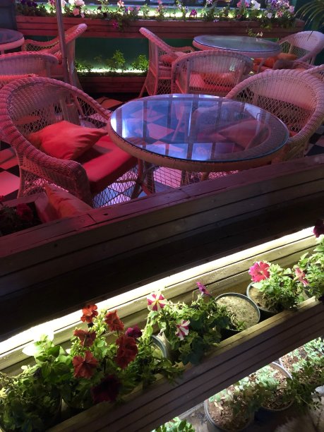 户外餐厅露台在晚上的图像与柳条露台椅子和圆形玻璃餐桌，庭院庭院家具与射灯，木制花园装饰花槽的牵牛花照片，花园照明图片下载