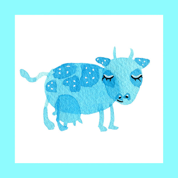 手绘水彩插图设置有趣的卡通母牛与乳房蓝色深蓝色孤立在白色图片下载