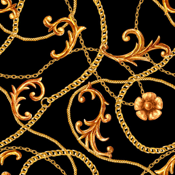 金色链条魅力巴洛克风格无缝图案背景。图片下载