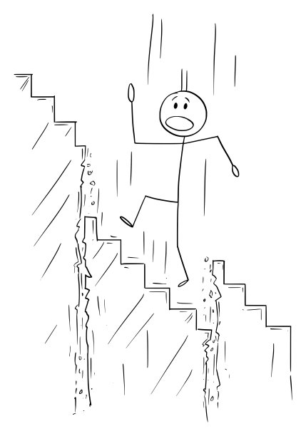 矢量卡通的人或商人走上楼梯，而楼梯是塌在他图片下载