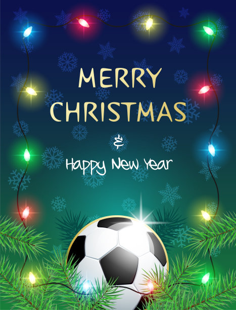 圣诞体育贺卡与足球和圣诞灯。图片下载