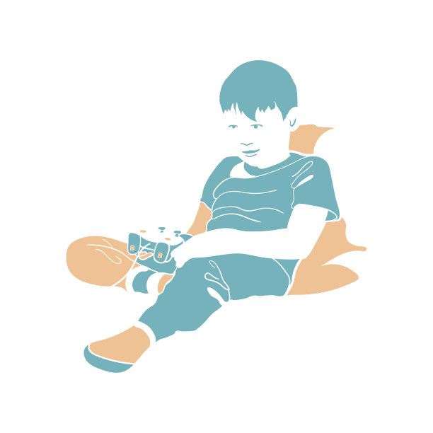 小男孩角色玩电子游戏。孩子坐在游戏手柄手柄。矢量卡通玩家插图。图片下载