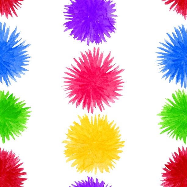 抽象水彩绒球无缝图案。圆形的彩色花朵元素孤立在白色背景上图片下载