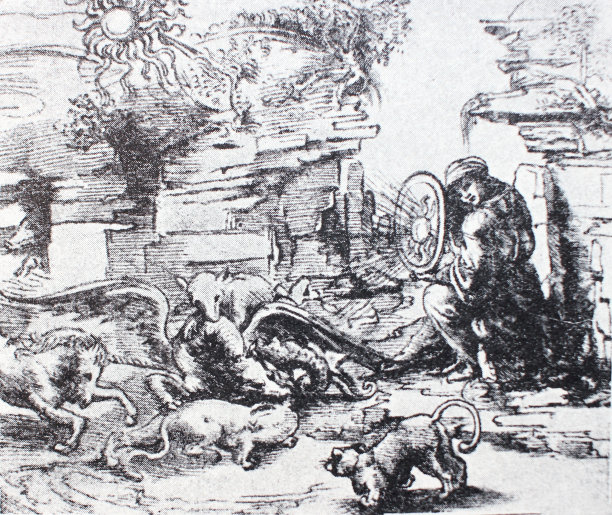 画着拿着盾牌的男孩，狗，鸟。寓言。莱昂纳多·达·芬奇图片下载