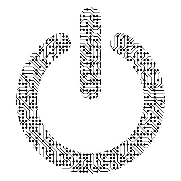 电源按钮图标由黑色印刷板，芯片和无线电组件。计算机电子处理器主板。矢量插图。图片下载