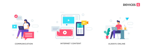 人们使用产品。一组图标，插图。智能手机平板电脑用户界面社交媒体。平面插图图标信息图。登陆页网站打印海报。图片下载