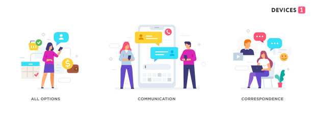 人们使用小工具。一组图标，插图。智能手机平板电脑用户界面社交媒体。平面插图图标信息图。登陆页网站打印海报。图片下载