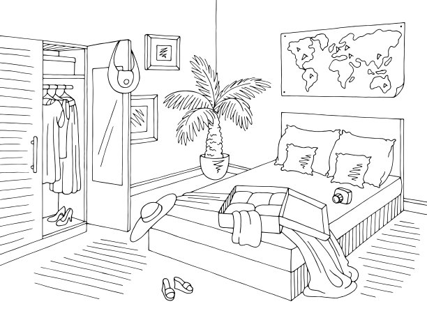 卧室图形开包黑白色家居室内素描插图向量图片下载