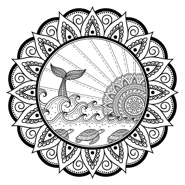 鲸鱼在夕阳下潜入大海。海洋景观与波浪，曼荼罗形式的太阳，鱼尾。儿童和成人涂色书页。图片下载