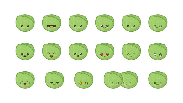 卷心菜可爱可爱的吉祥物。设置可爱的食物脸图片下载