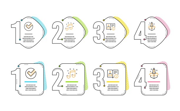 验证，技术算法和音符图标设置。启动信号。精选曲目，项目文件，音乐。向量图片下载