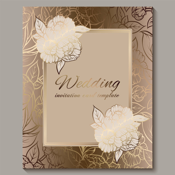 精美的皇家豪华婚礼邀请，金色的花卉背景与框架和文字的地方，花边树叶制成的玫瑰或牡丹与金色光泽梯度。图片下载