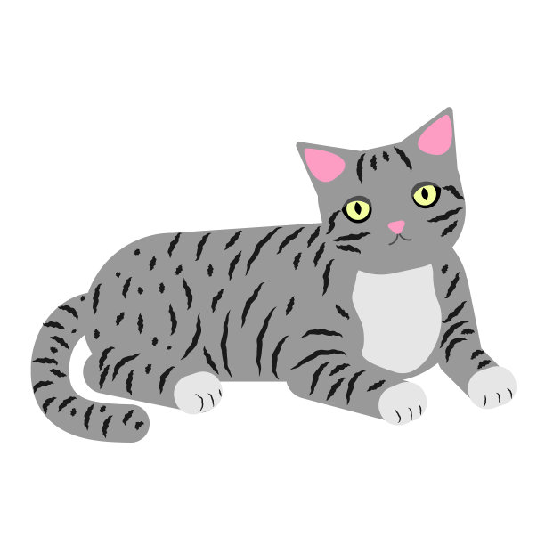 白底上有条纹的灰猫。躺着的猫正在休息，看上去若有所思。矢量插图。图片下载