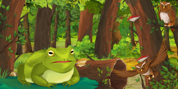 卡通场景，快乐的青蛙在森林里遇到一对飞翔的猫头鹰图片下载
