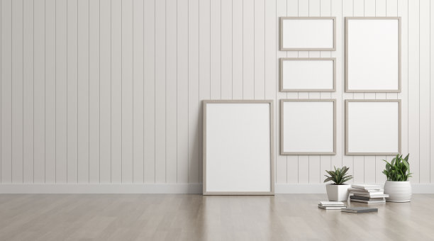 画框模型，花瓶里有小植物，白墙上有书。现代室内设计的视角。3 d渲染。图片下载