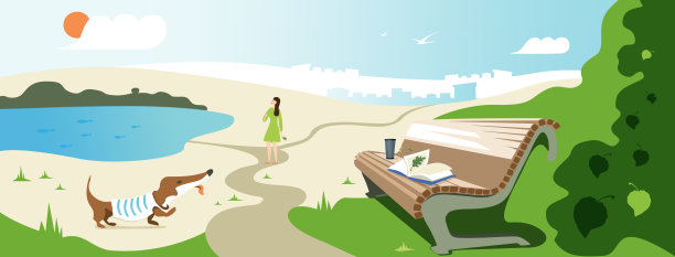 矢量横幅设计关于夏日放松。一个女孩和一只狗散步的插图，一张长椅上有一本书的背景云和城市风景。图片下载