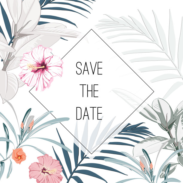 绿色彩色热带矢量设计方形框架。木槿、变形花、山茶、棕榈叶和榕树。自然异国情调的卡在现代时髦的风格。图片下载