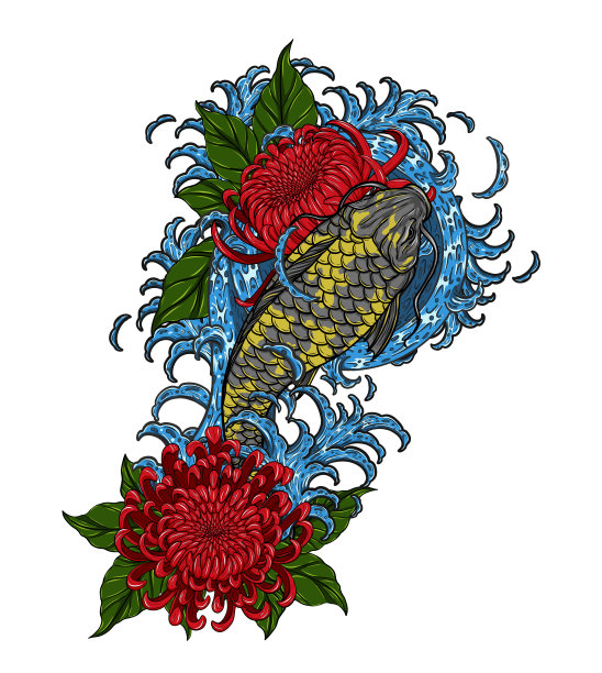 锦鲤与菊花矢量纹身手绘图片下载