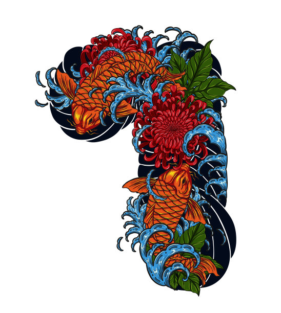 锦鲤与菊花矢量纹身手绘图片下载