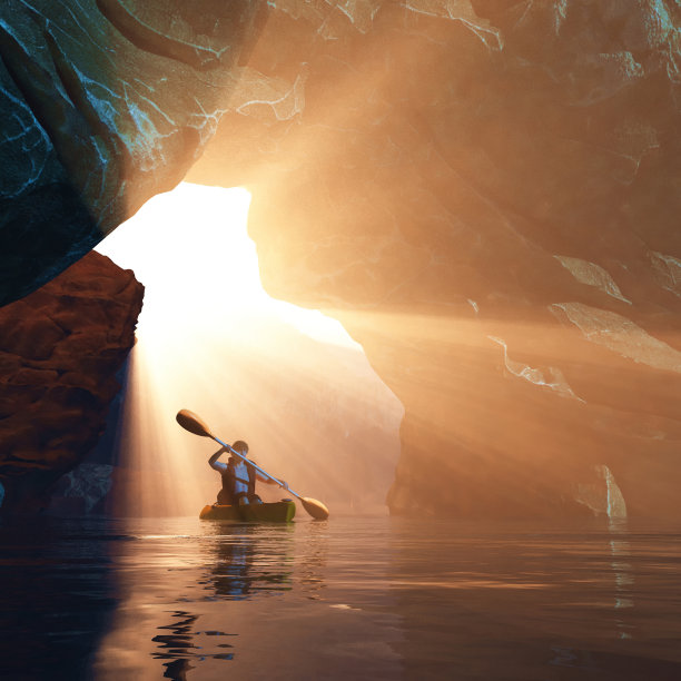 皮划艇漂移到洞穴。这是一个3d渲染图图片下载