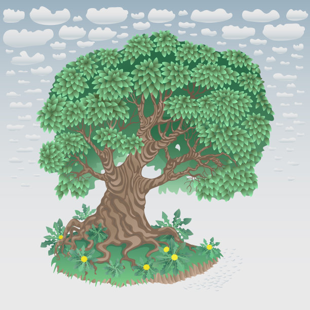 矢量抽象花卉插图在复古卡通风格。大树枝叶茂盛，黄色的蒲公英盛开着，小河岸边的绿草映衬着蓝天白云图片下载