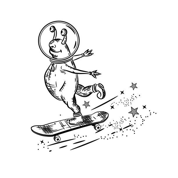 外星人在滑板上溜冰。矢量图图片下载
