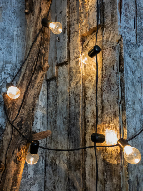 房间里有一面浅色的木板墙，树干上挂着一个灯泡花环。黄色暖灯泡。图片下载