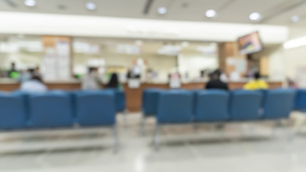 医疗模糊背景病人服务柜台，医院大堂，收银和药房柜台内部内部等候大厅区域图片下载