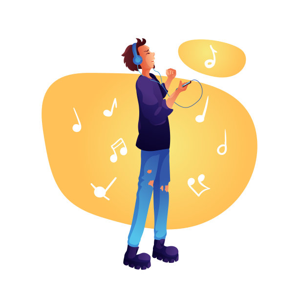 男孩听音乐平面矢量插图图片下载
