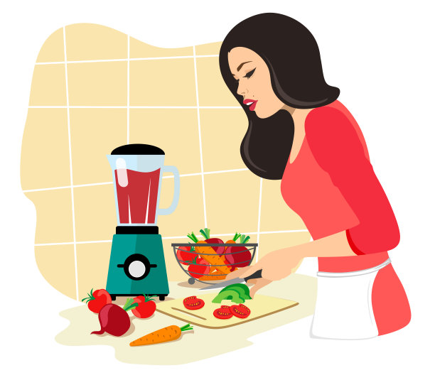 美丽的黑发女人准备蔬菜鸡尾酒。蔬菜排毒。白色背景上的矢量插图。图片下载