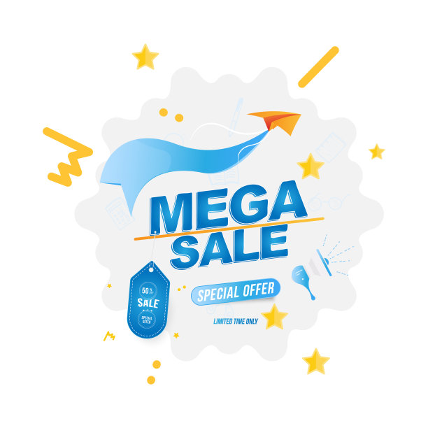 大减价50%和标签。横幅模板与扬声器和纸飞机。平面向量EPS10图片下载