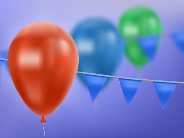 一束束彩色的气球和节日的旗帜飘扬在蓝天上。矢量插图。图片下载