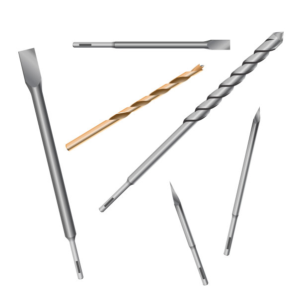 逼真的3d详细金属钻头设置工具的施工工作，钻孔。图片下载