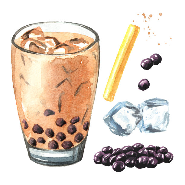 中国台湾珍珠奶茶，配木薯珍珠和冰块。美食概念。水彩手绘插画，隔离在白色背景上素材图片