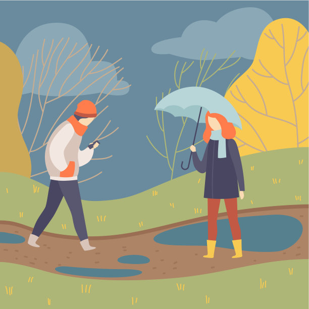 People Walking in Rain, Young Man and Woman on Autumn Season背景矢量插图图片下载