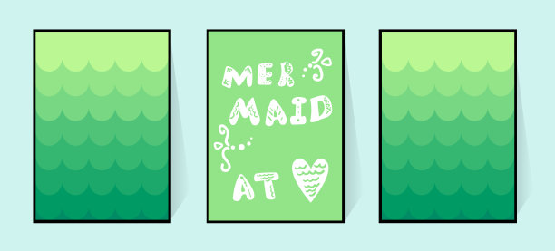 美人鱼在心中。梯度海报在绿色阴影与题词。向量可爱的字母。手绘风格的鱼皮插画。房间内的墙壁为女孩装饰。图片下载
