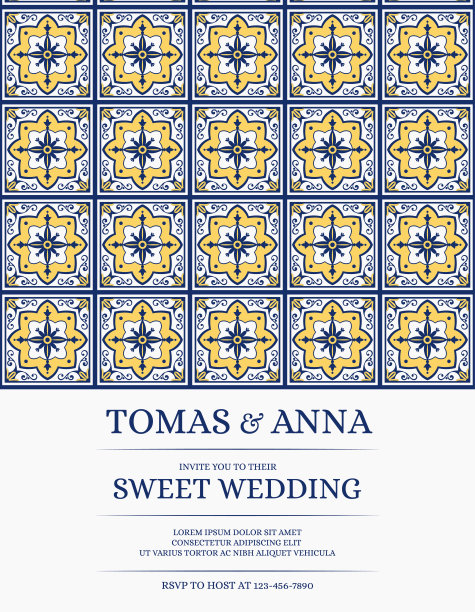 传统婚礼邀请卡模板向量。以白色、蓝色和黄色为背景的民族瓷砖图案。陶瓷保存日期设计或夏季邀请聚会。图片下载