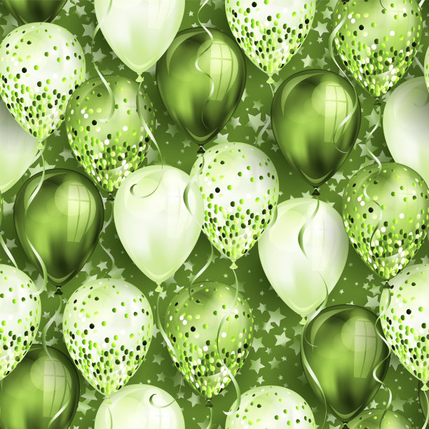 无缝模式与星星和闪亮的绿色现实3D氦气球为您的设计。闪亮的气球和丝带，完美的背景生日派对宣传册，邀请卡图片下载
