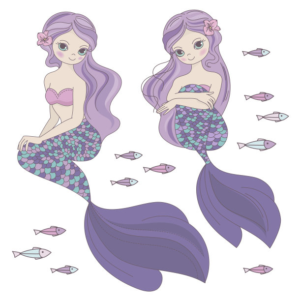 两美人鱼海洋旅行公主矢量插图设置图片下载