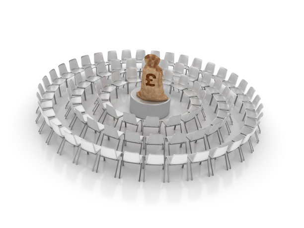 圆形的椅子与英镑钱袋- 3D渲染图片下载