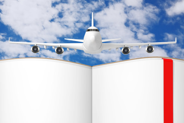 白色飞机乘客的飞机在打开的空白页为您的设计。3d渲染图片下载