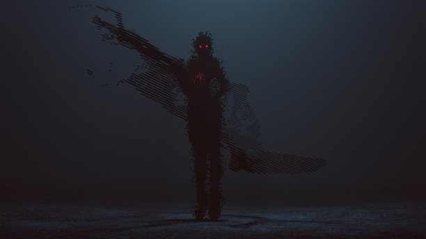 未来主义的网络朋克恶魔数码病毒穿着长靴在镜头前挥舞，由许多带有红色眼睛的小方块和一个带有一群方块的发光红心组成图片下载