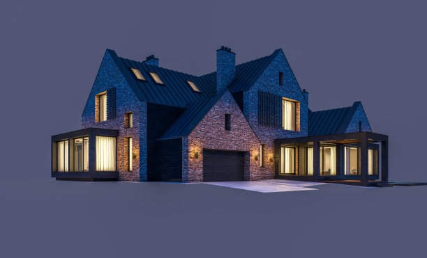 池塘上现代熟料房的3d渲染，在夜晚，水池被孤立在灰色图片下载