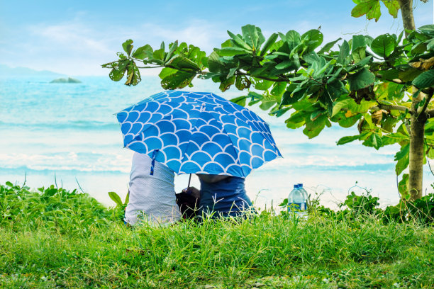 一对亚洲夫妇撑着伞，看着大海。图片下载