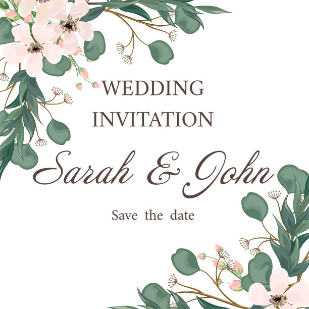 婚礼请帖，叶和花，水彩画。图片下载
