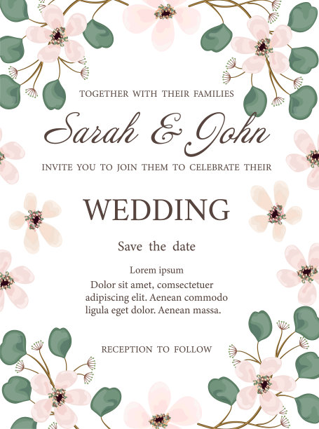 婚礼请帖，叶和花，水彩画。图片下载