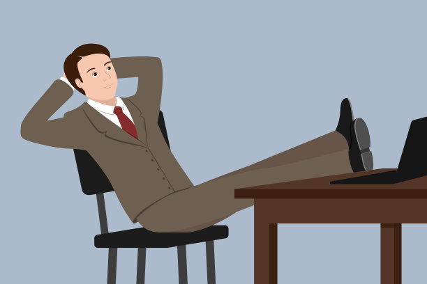 一个白人男人，双腿放在桌子上。矢量图图片下载